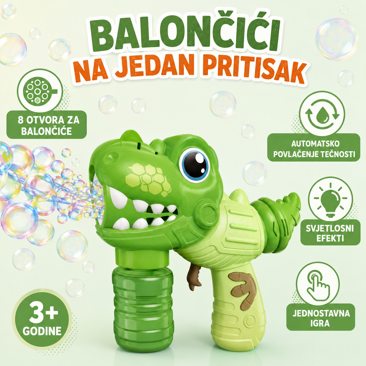 Prednosti dinosaurus pištolja za balončiće — 8 otvora, svjetlo i automatsko povlačenje tečnosti