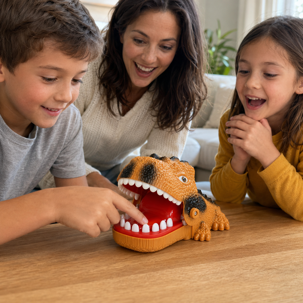 Djeca i roditelj igraju igru dinosaurus zubar