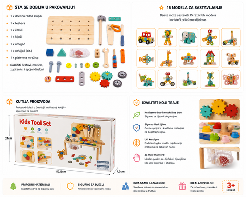 Drvena radionica sa alatom — sadržaj pakovanja i modeli