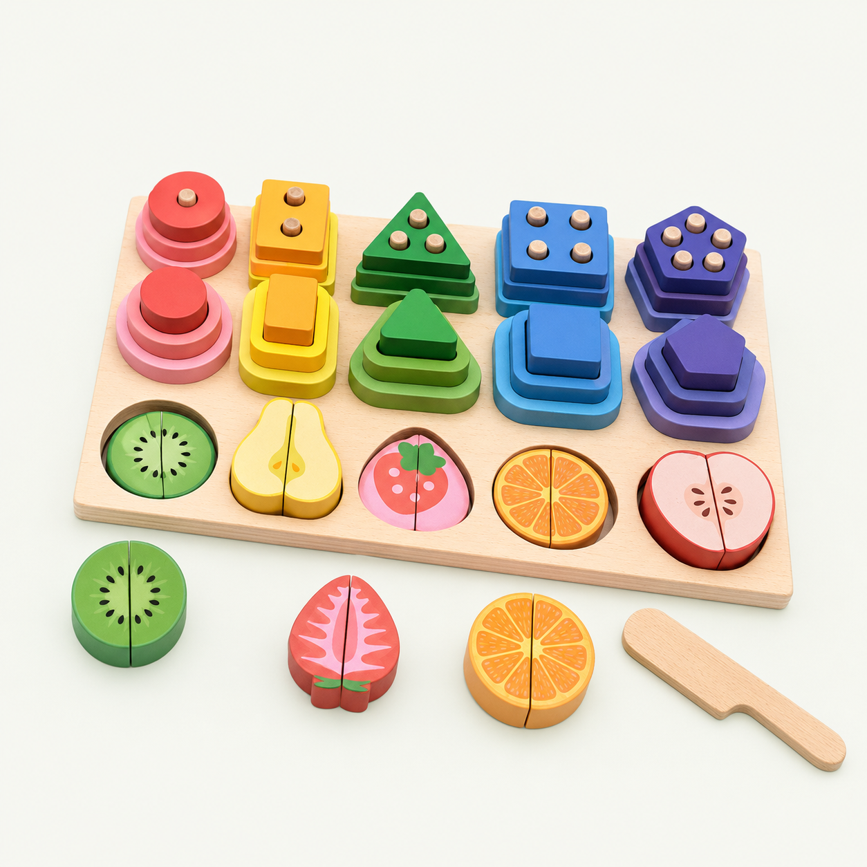 Drvena Montessori tabla sa oblicima i voćem