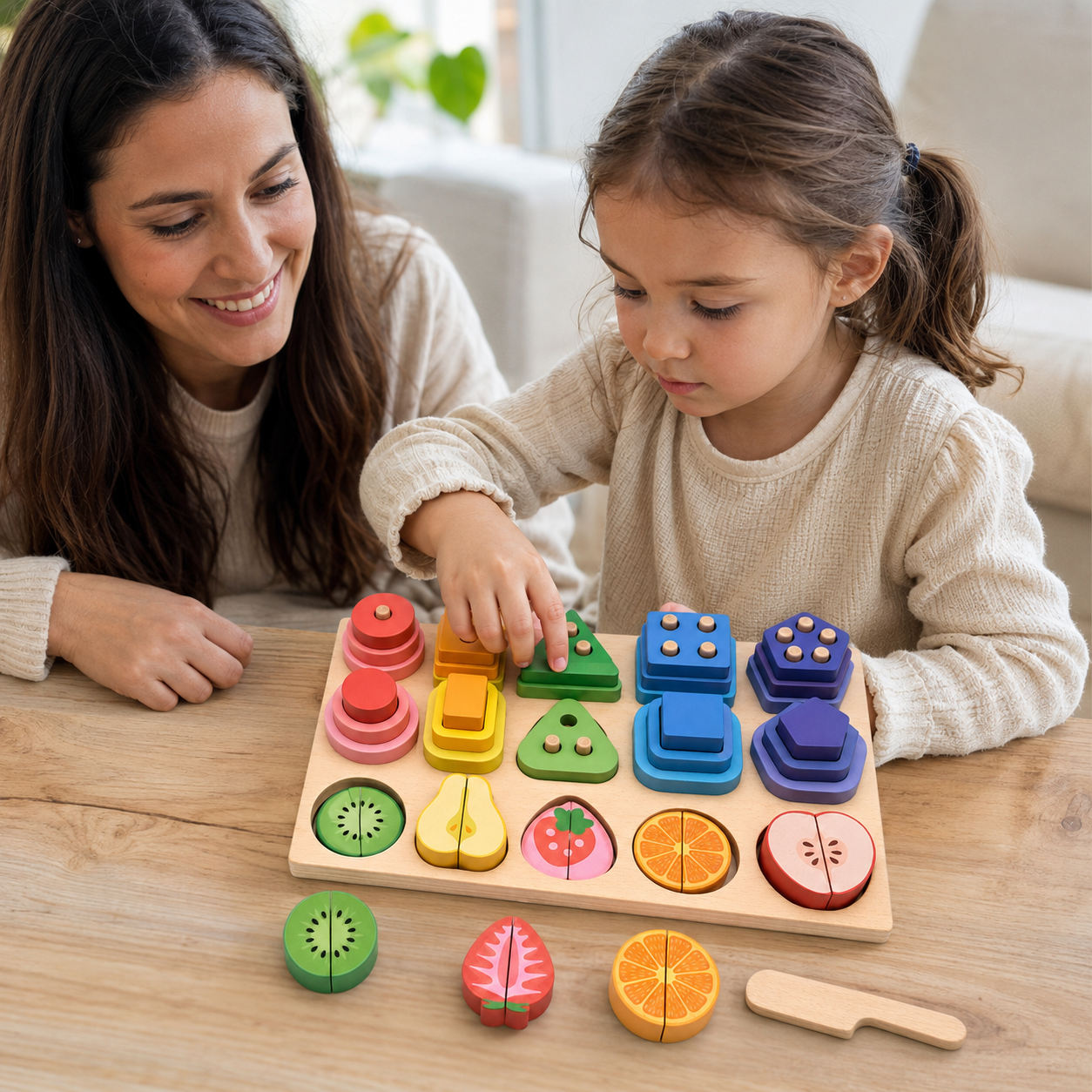Dijete slaže oblike na drvenu Montessori tablu