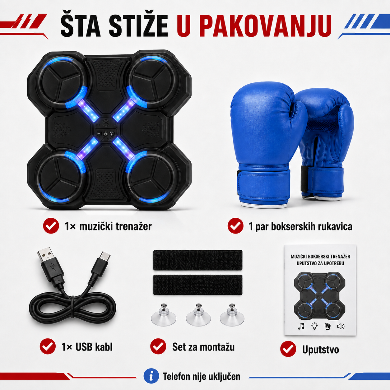 Sadržaj paketa muzičkog bokserskog trenažera